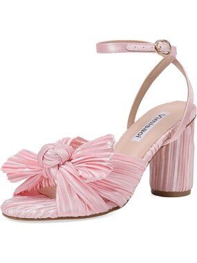 🆕Women's Light Pink Bow Pleated Heeled Sandals Open Toe Block Chunky Heel